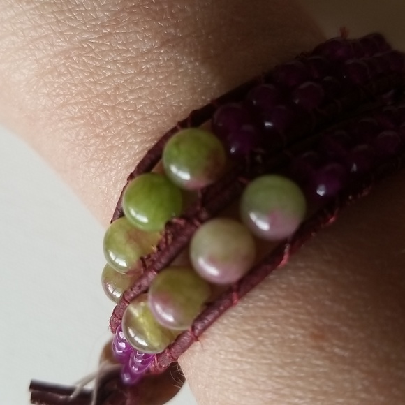 Handmade Purple and Green Beaded Wrap Bracelet - Picture 5 of 6